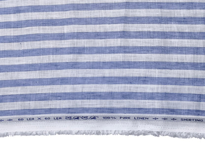100% Pure Linen 60 LEA Shirting Fabric (White & Blue, Striped)