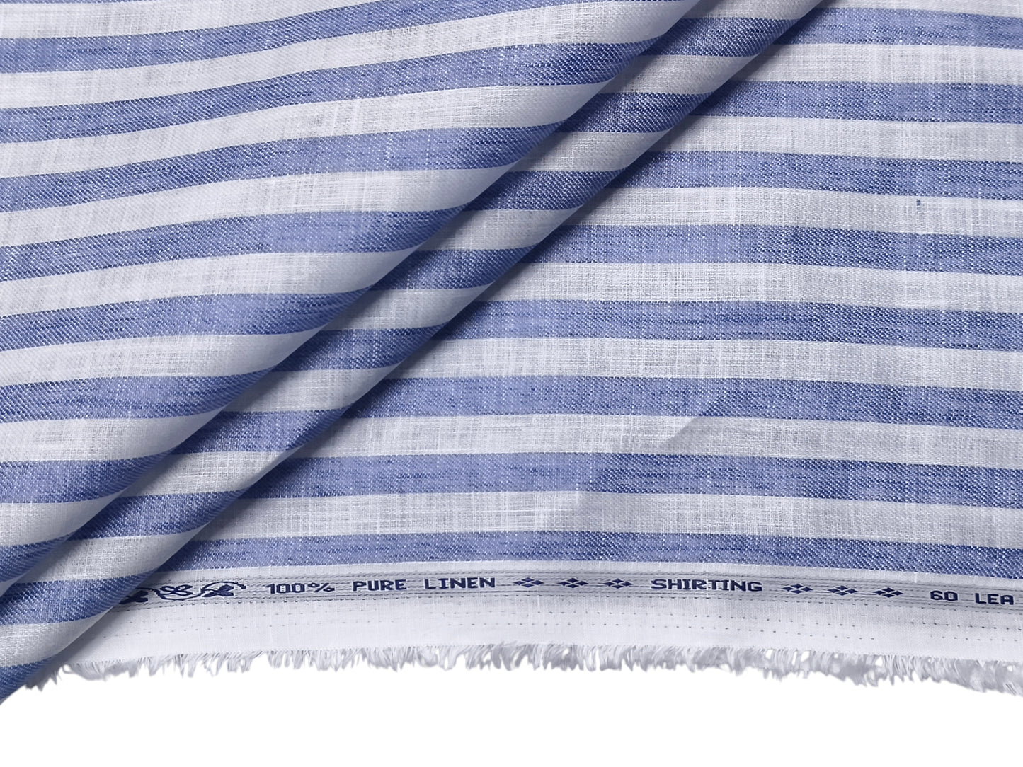 100% Pure Linen 60 LEA Shirting Fabric (White & Blue, Striped)