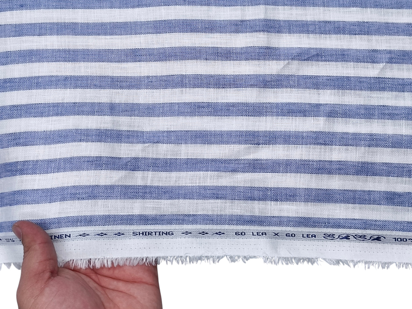 100% Pure Linen 60 LEA Shirting Fabric (White & Blue, Striped)
