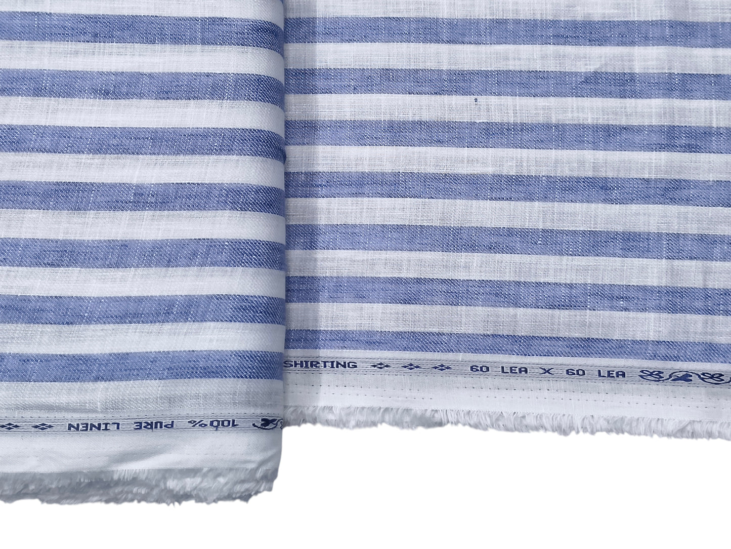 100% Pure Linen 60 LEA Shirting Fabric (White & Blue, Striped)