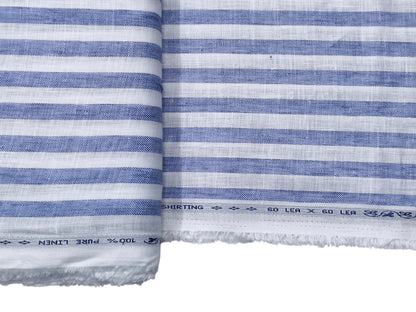 100% Pure Linen 60 LEA Shirting Fabric (White & Blue, Striped)