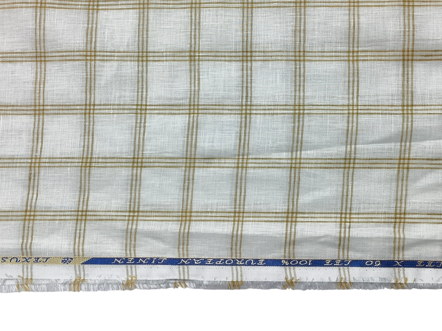 100% Pure Linen 60 LEA Shirting Fabric (Off white & Golden, Checks)