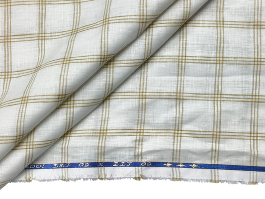 100% Pure Linen 60 LEA Shirting Fabric (Off white & Golden, Checks)