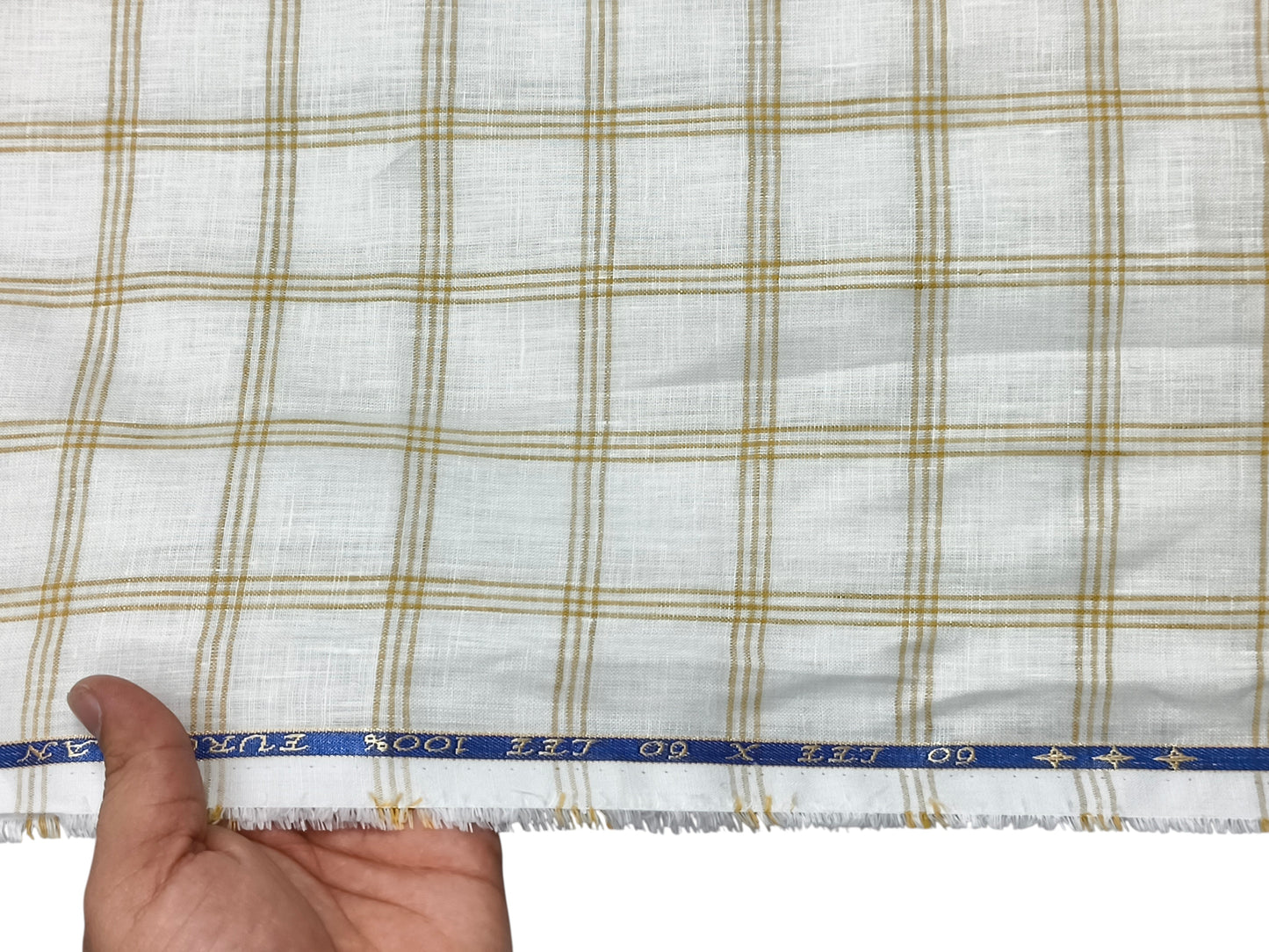 100% Pure Linen 60 LEA Shirting Fabric (Off white & Golden, Checks)