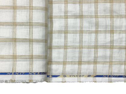 100% Pure Linen 60 LEA Shirting Fabric (Off white & Golden, Checks)