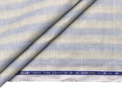 100% Pure Linen 60 LEA Shirting Fabric (Light Blue & Cream , Stripes)
