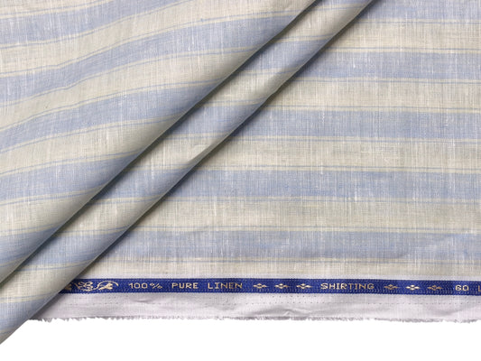 100% Pure Linen 60 LEA Shirting Fabric (Light Blue & Cream , Stripes)