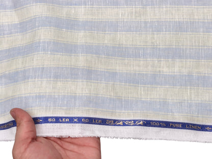 100% Pure Linen 60 LEA Shirting Fabric (Light Blue & Cream , Stripes)