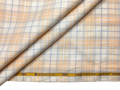 Nemssis 100% Giza Cotton Luxury Shirting Fabric (Orange & Blue, Multichecks)