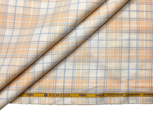Nemssis 100% Giza Cotton Luxury Shirting Fabric (Orange & Blue, Multichecks)