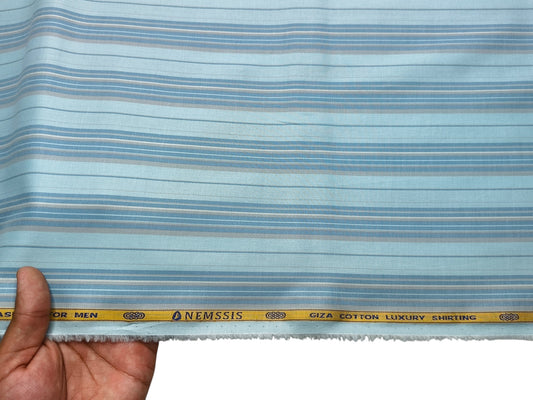 Nemssis 100% Giza Cotton Luxury Shirting Fabric (Aqua Blue, Striped)