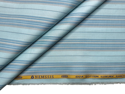 Nemssis 100% Giza Cotton Luxury Shirting Fabric (Aqua Blue, Striped)