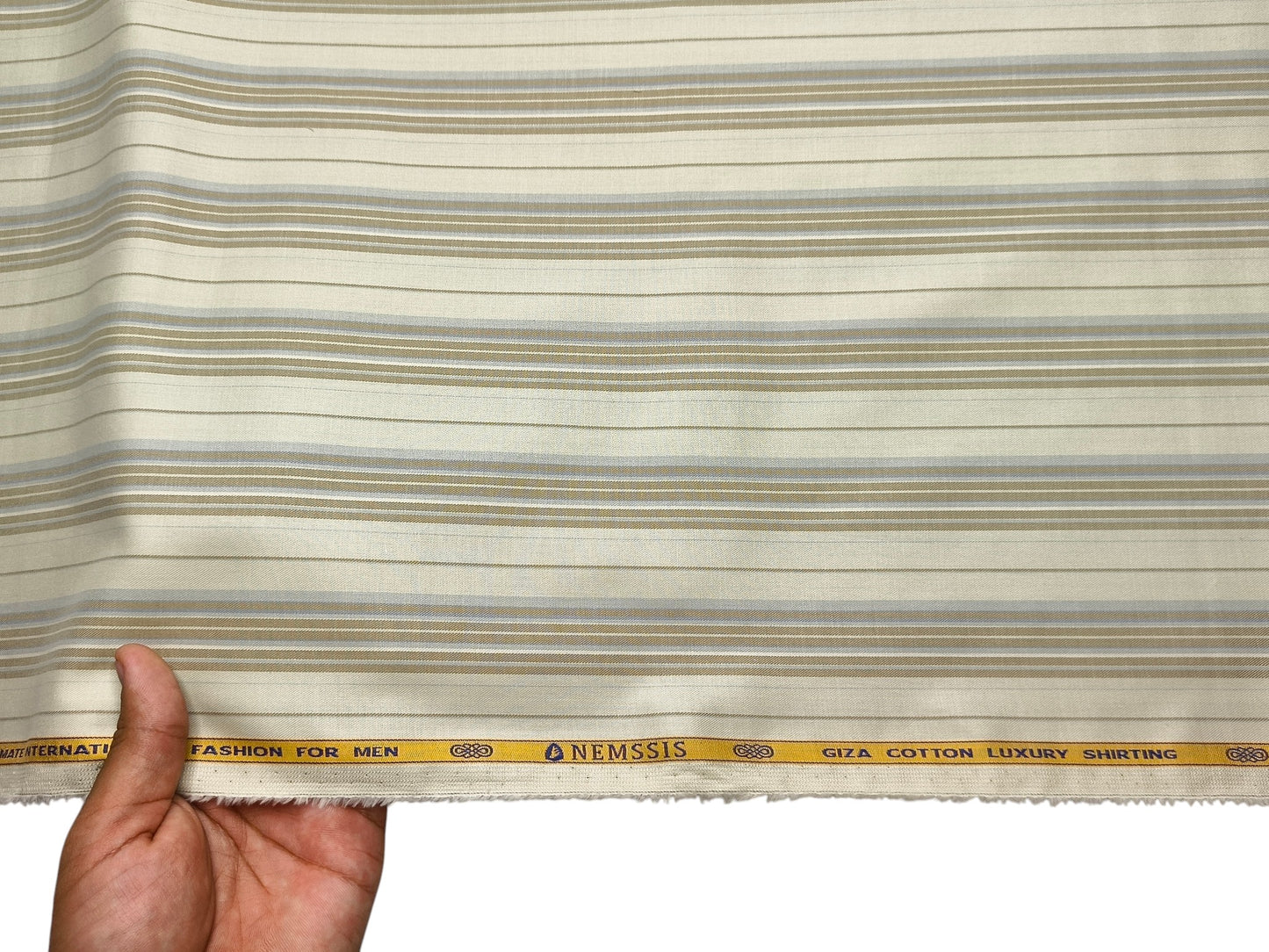 Nemssis 100% Giza Cotton Luxury Shirting Fabric (Warm Beige , Striped)