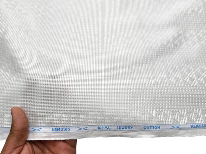 Nemssis 100% Cotton Luxury Shirting Fabric (White Design, Jute Weave)