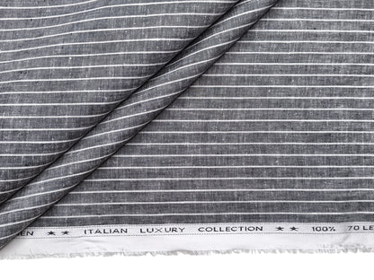 Murano Di Italia Italian Luxury Collection 100% Pure Linen 70 Lea Shirting Fabric (Grey & White, Stripes)