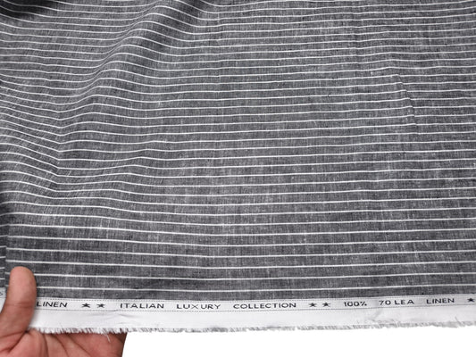 Murano Di Italia Italian Luxury Collection 100% Pure Linen 70 Lea Shirting Fabric (Grey & White, Stripes)