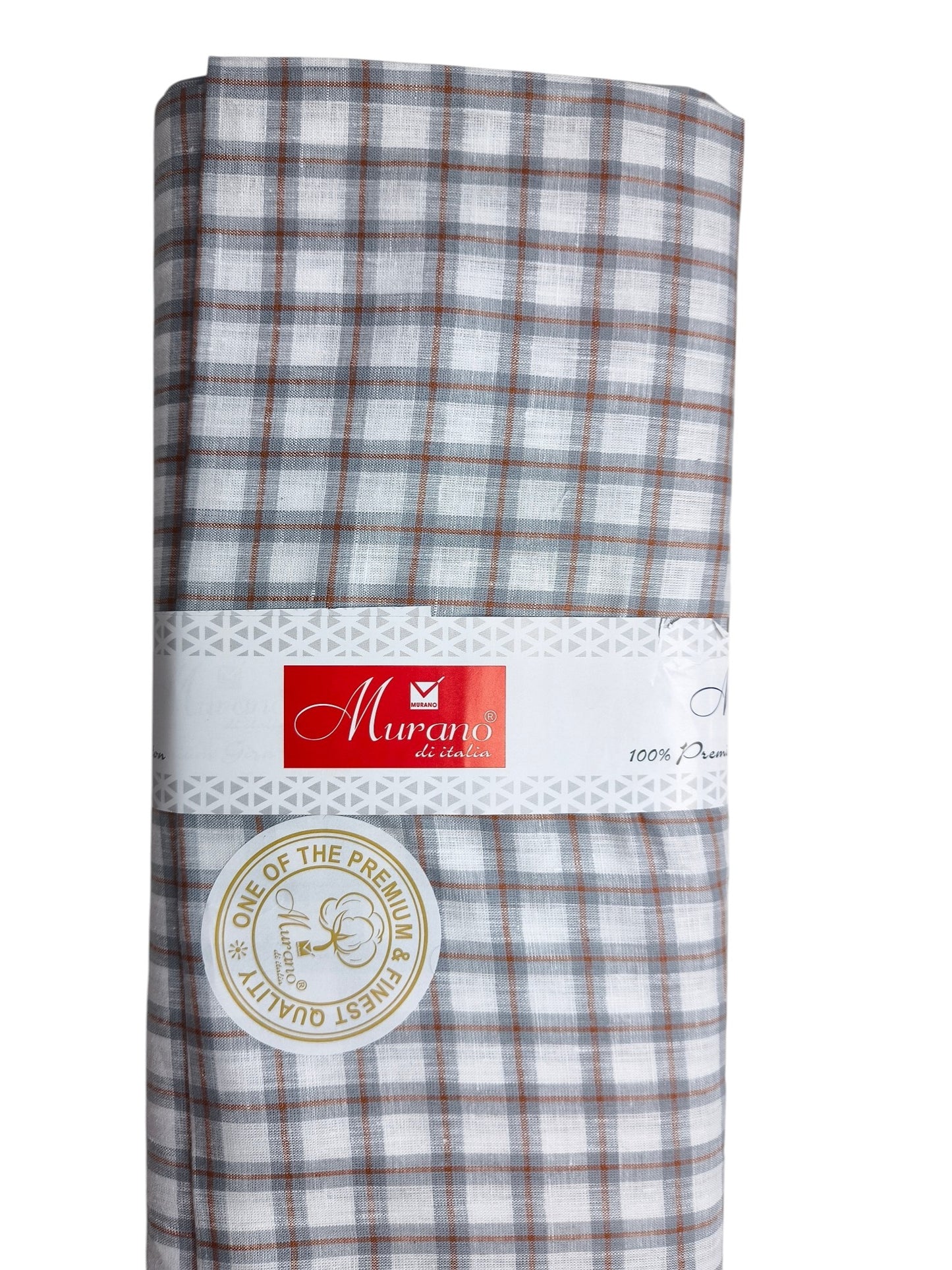 Murano Di Italia Italian Luxury Collection 100% Pure Linen 70 Lea Shirting Fabric (White,Grey & Orange, Checks)