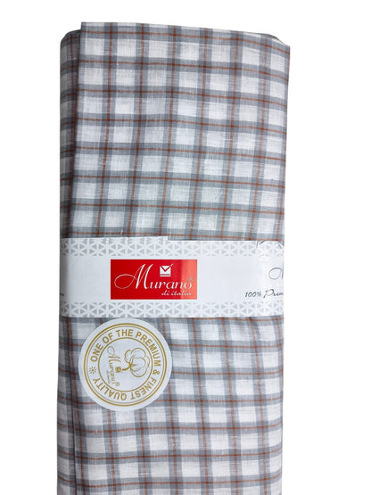 Murano Di Italia Italian Luxury Collection 100% Pure Linen 70 Lea Shirting Fabric (White,Grey & Orange, Checks)