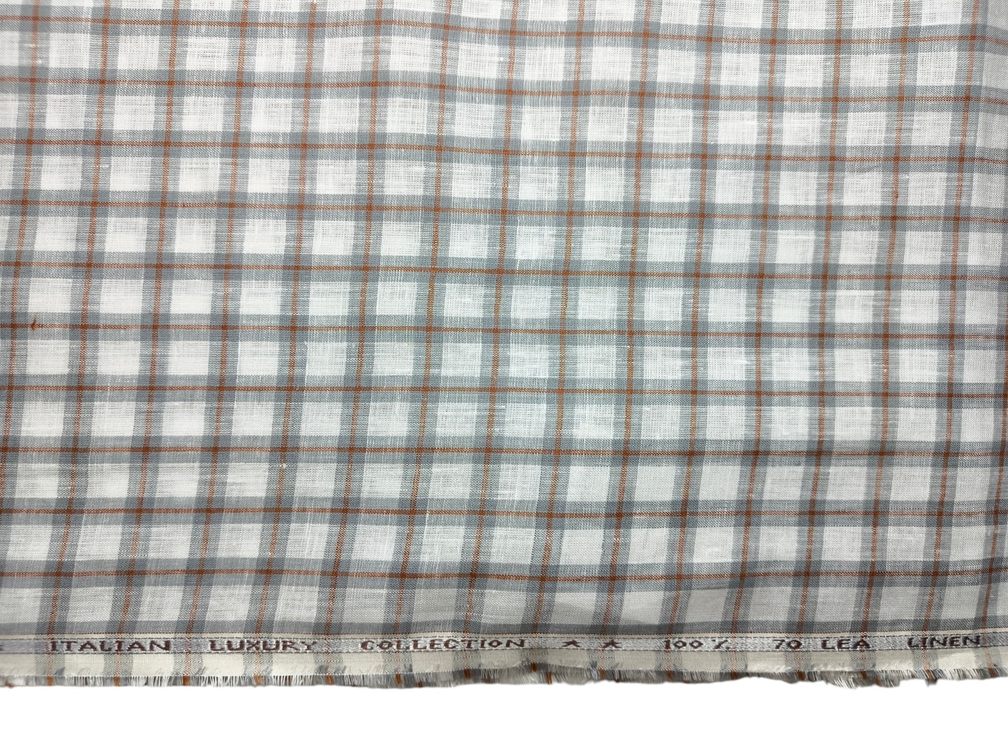 Murano Di Italia Italian Luxury Collection 100% Pure Linen 70 Lea Shirting Fabric (White,Grey & Orange, Checks)