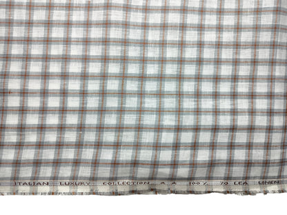 Murano Di Italia Italian Luxury Collection 100% Pure Linen 70 Lea Shirting Fabric (White,Grey & Orange, Checks)