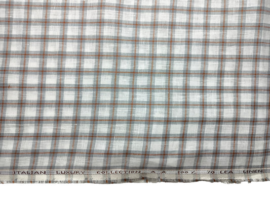 Murano Di Italia Italian Luxury Collection 100% Pure Linen 70 Lea Shirting Fabric (White,Grey & Orange, Checks)