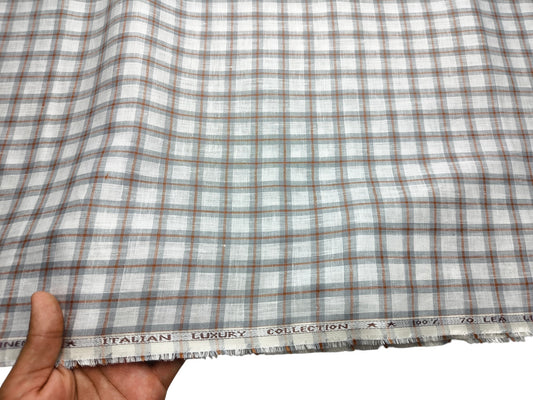 Murano Di Italia Italian Luxury Collection 100% Pure Linen 70 Lea Shirting Fabric (White,Grey & Orange, Checks)