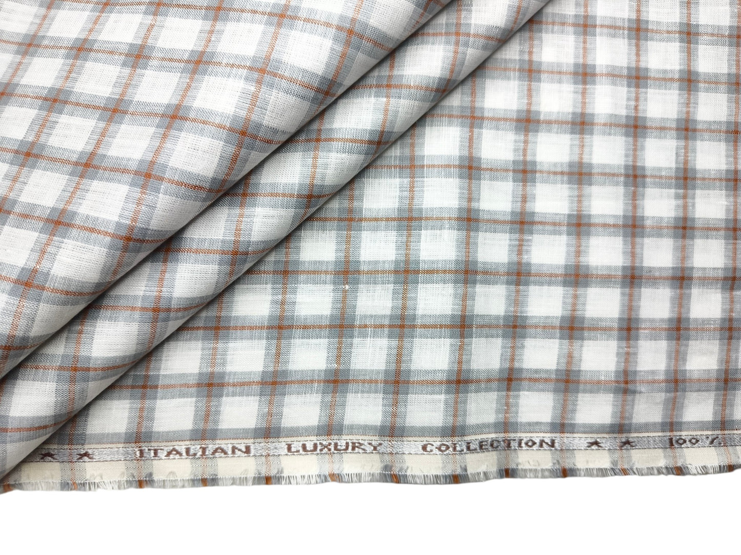 Murano Di Italia Italian Luxury Collection 100% Pure Linen 70 Lea Shirting Fabric (White,Grey & Orange, Checks)