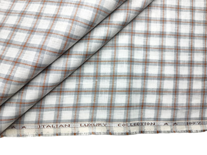 Murano Di Italia Italian Luxury Collection 100% Pure Linen 70 Lea Shirting Fabric (White,Grey & Orange, Checks)
