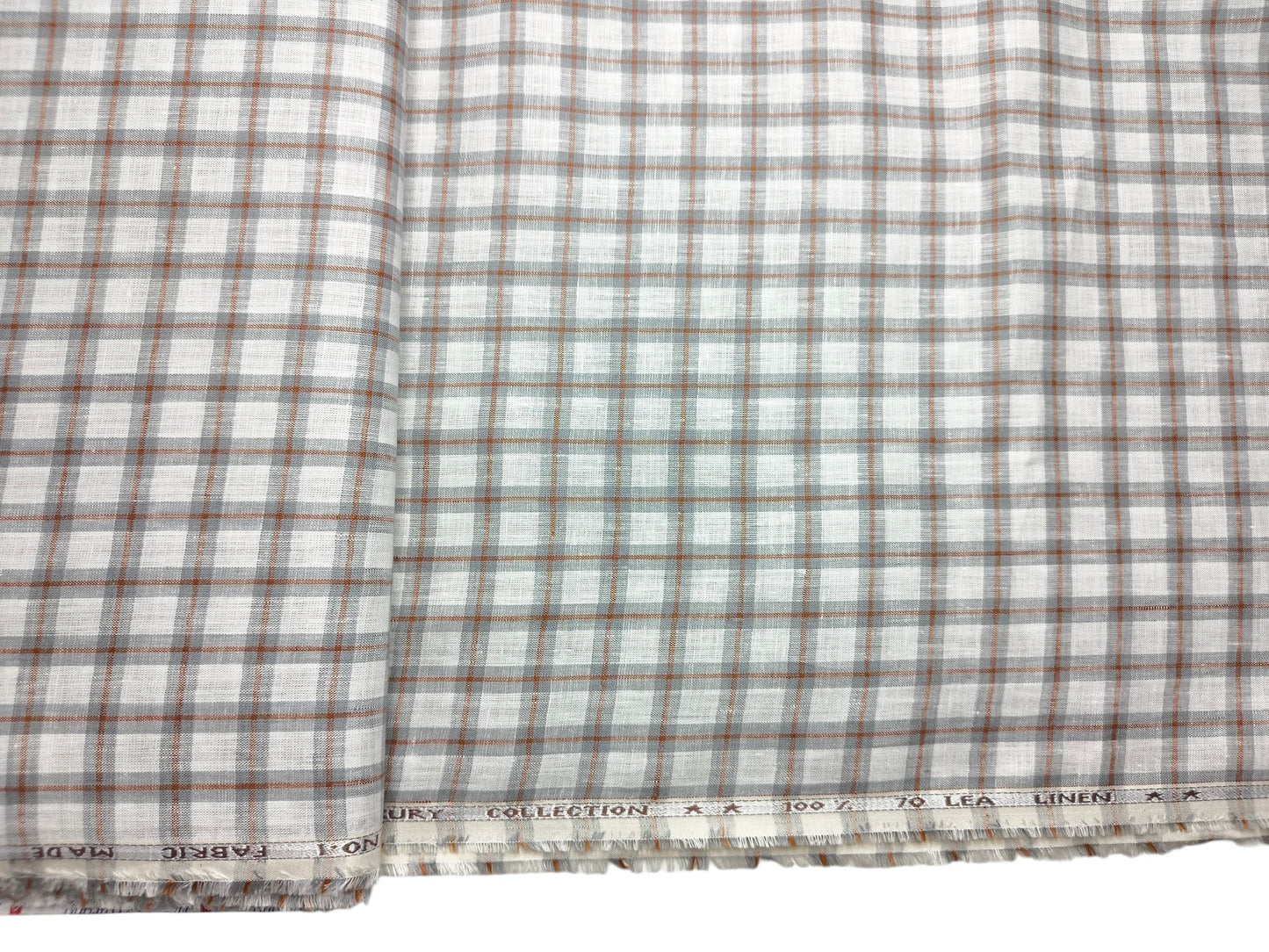 Murano Di Italia Italian Luxury Collection 100% Pure Linen 70 Lea Shirting Fabric (White,Grey & Orange, Checks)