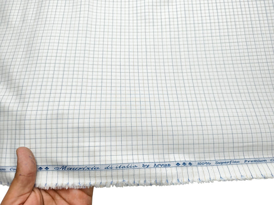 Arvind 100% Superfine Premium Cotton Shirting Fabric (White , Blue & Brown, Checks)