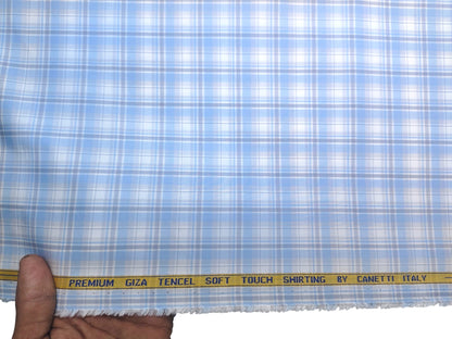 Canetti Italy Premium Tencel Giza Soft Touch Shirting Fabric (Sky Blue, Checks)
