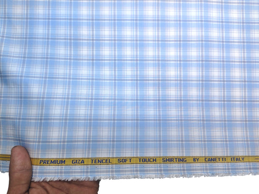 Canetti Italy Premium Tencel Giza Soft Touch Shirting Fabric (Sky Blue, Checks)