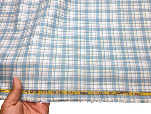 Canetti Italy Premium Tencel Giza Soft Touch Shirting Fabric (White , Blue & Yellow, Checks)