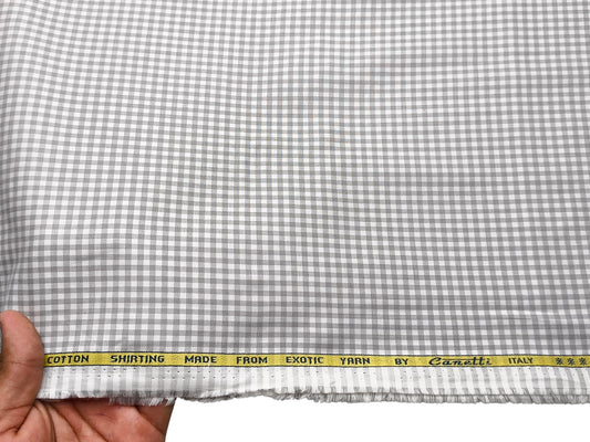 Canetti Italy 100% Cotton Premium Shirting Fabric (Light Grey, Microchecks)