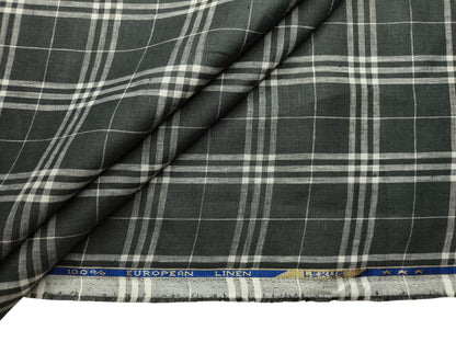 100% Pure Linen 60 LEA Shirting Fabric Shirting Fabric (Charcoal & White, Checks)