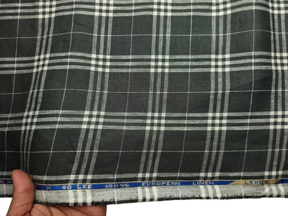 100% Pure Linen 60 LEA Shirting Fabric Shirting Fabric (Charcoal & White, Checks)