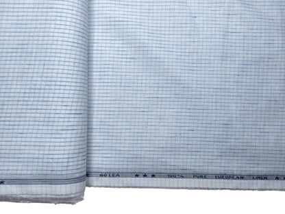 100% Pure Linen 60 LEA Shirting Fabric Shirting Fabric (White & Blue, Checks)