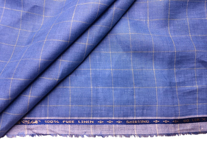 100% Pure Linen 60 LEA Shirting Fabric Shirting Fabric (Blue, Checks)