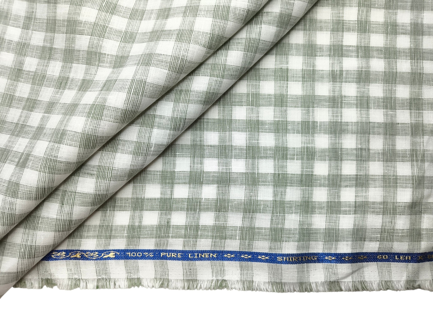 100% Pure Linen 60 LEA Shirting Fabric Shirting Fabric (White & Sage Green, Checks)
