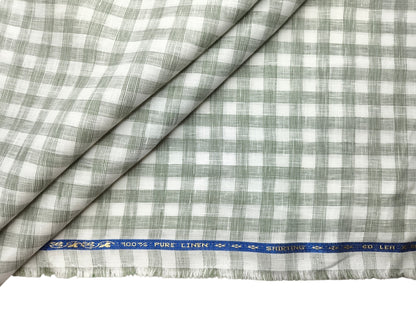 100% Pure Linen 60 LEA Shirting Fabric Shirting Fabric (White & Sage Green, Checks)