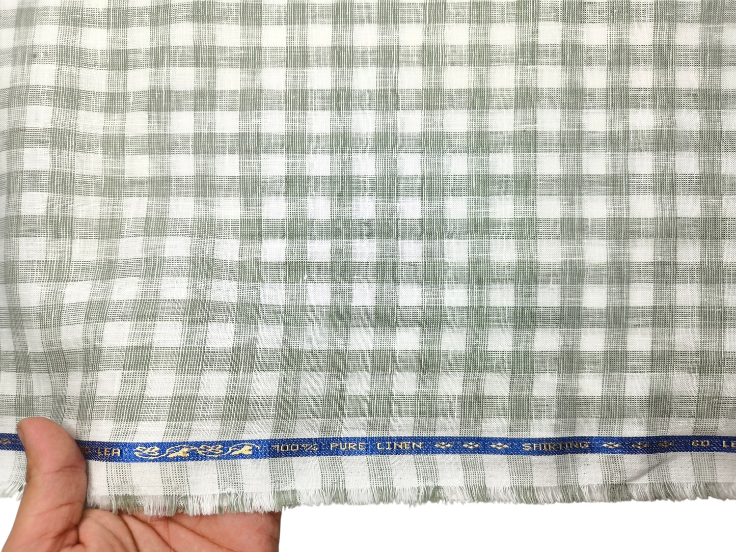 100% Pure Linen 60 LEA Shirting Fabric Shirting Fabric (White & Sage Green, Checks)