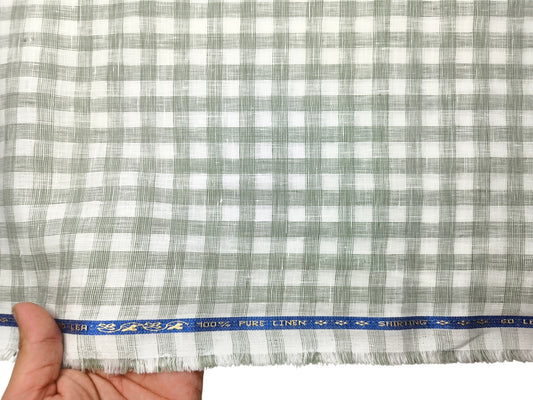 100% Pure Linen 60 LEA Shirting Fabric Shirting Fabric (White & Sage Green, Checks)