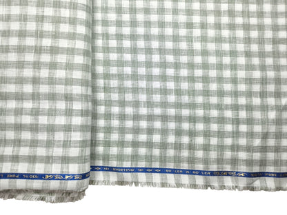 100% Pure Linen 60 LEA Shirting Fabric Shirting Fabric (White & Sage Green, Checks)