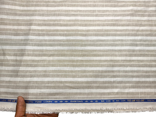100% Pure Linen 60 LEA Shirting Fabric Shirting Fabric (White & Beige, Multistripes)
