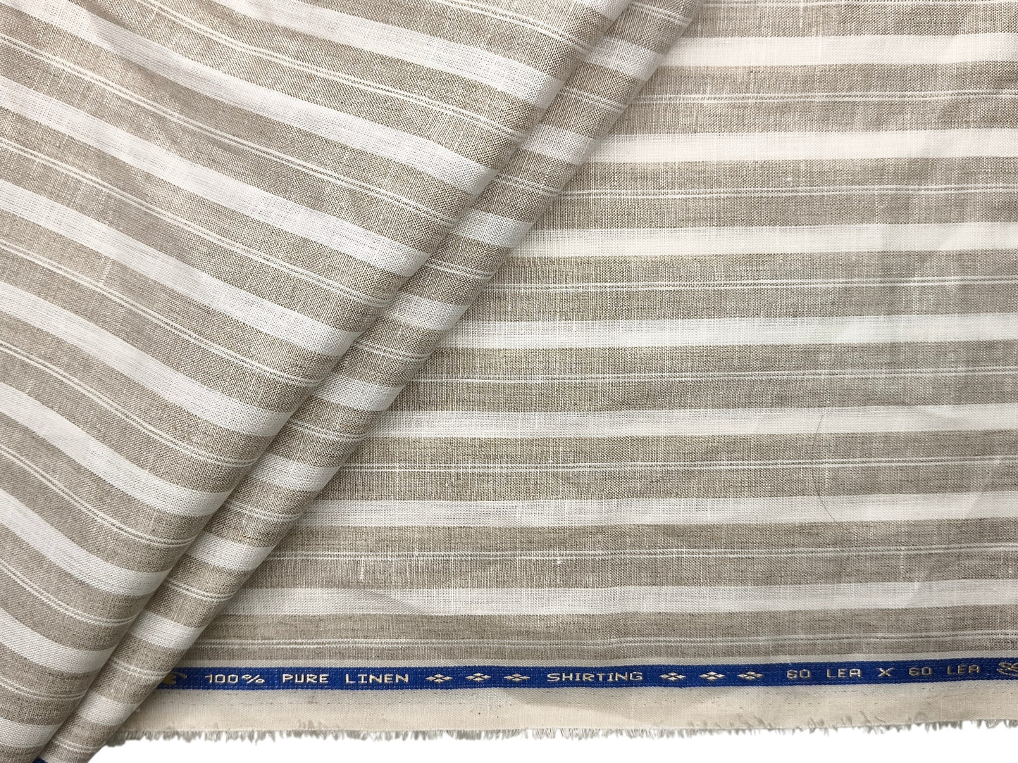 100% Pure Linen 60 LEA Shirting Fabric Shirting Fabric (White & Beige, Multistripes)
