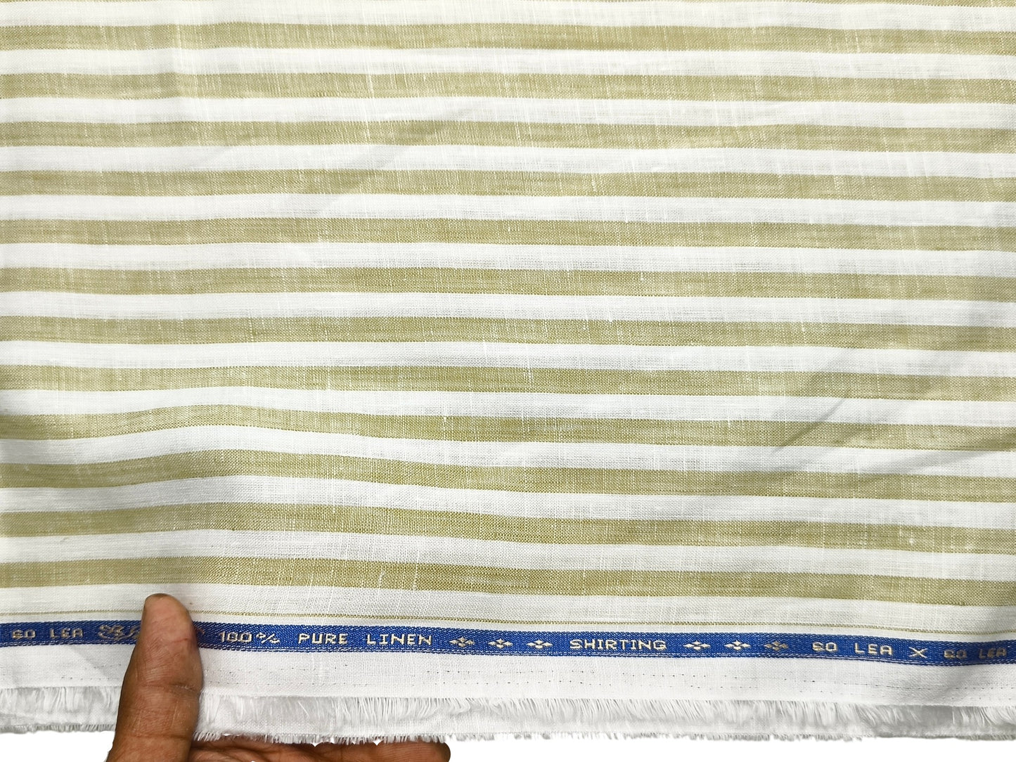 100% Pure Linen 60 LEA Shirting Fabric Shirting Fabric (White & Golden, Stripes)