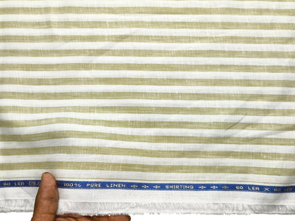 100% Pure Linen 60 LEA Shirting Fabric Shirting Fabric (White & Golden, Stripes)