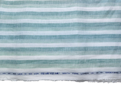 100% Pure Linen 60 LEA Shirting Fabric Shirting Fabric (White & Green, Multistripes)