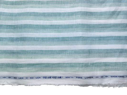 100% Pure Linen 60 LEA Shirting Fabric Shirting Fabric (White & Green, Multistripes)