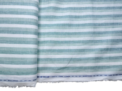 100% Pure Linen 60 LEA Shirting Fabric Shirting Fabric (White & Green, Multistripes)